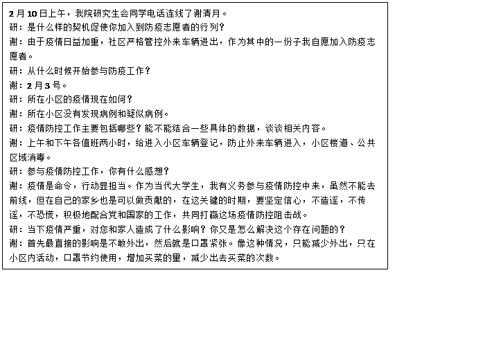 文本框: 2月10日上午，老虎机
研究生会同学电话连线了谢清月。研：是什么样的契机促使你加入到防疫志愿者的行列？谢：由于疫情日益加重，社区严格管控外来车辆进出，作为其中的一份子我自愿加入防疫志愿者。研：从什么时候开始参与防疫工作？谢：2月3号。研：所在小区的疫情现在如何？谢：所在小区没有发现病例和疑似病例。研：疫情防控工作主要包括哪些？能不能结合一些具体的数据，谈谈相关内容。谢：上午和下午各值班两小时，给进入小区车辆登记，防止外来车辆进入，小区楼道、公共区域消毒。研：参与疫情防控工作，你有什么感想？谢：疫情是命令，行动显担当。作为当代大学生，我有义务参与疫情防控中来，虽然不能去前线，但在自己的家乡也是可以做贡献的，在这关键的时期，要坚定信心，不造谣，不传谣，不恐慌，积极地配合党和国家的工作，共同打赢这场疫情防控阻击战。研：当下疫情严重，对您和家人造成了什么影响？你又是怎么解决这个存在问题的？谢：首先最直接的影响是不敢外出，然后就是口罩紧张。像这种情况，只能减少外出，只在小区内活动，口罩节约使用，增加买菜的量，减少出去买菜的次数。